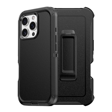 iPhone 16 Pro Rugged Armour Case Cover with 360° Rotation, Belt Clip, and Kickstand - Tough and Shockproof Protection Clip - Black